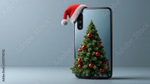 Whimsical Christmas tech photo of a festive smartphone in Santa hat, pastel grey wall.