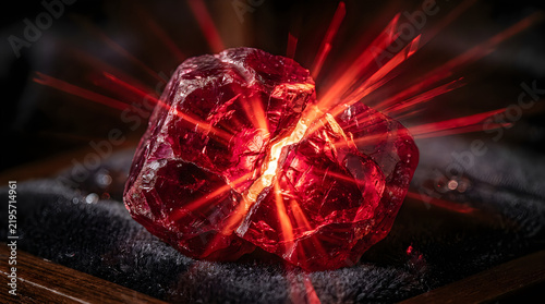 Cracked ruby gemstone glowing with internal red light during dramatic studio lighting