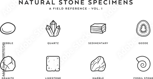 Foto Natural stone specimens field reference vector icons, geological rock types and