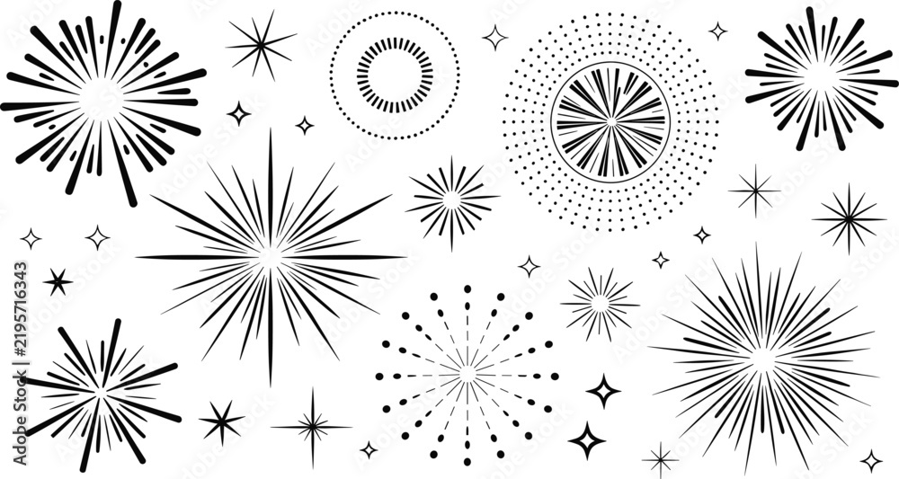Obraz premium Black Firework Burst Icon Set, Hand Drawn Vector Collection of Sparkle Stars and Sunburst Shapes on White Background