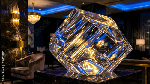 Geometric crystal sculpture illuminated with blue and gold light in a luxury lounge setting