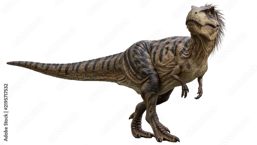 Fototapeta premium Brown and black striped Tyrannosaurus Rex dinosaur standing, isolated on transparent background