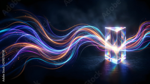 Prism refracting glowing light trails in ethereal smoke during concept visualization