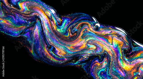 Iridescent fluid swirling with glitter against a void abstract concept vibrant macro photography