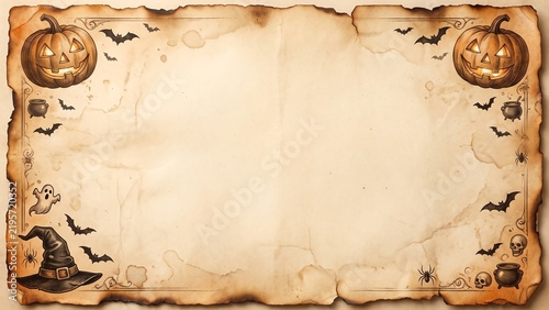 Halloween parchment background with pumpkins and witch hat
