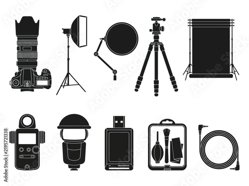 Professional photography equipment silhouettes, 10 camera gear icons set, studio lighting and digital dslr accessories vector collection
