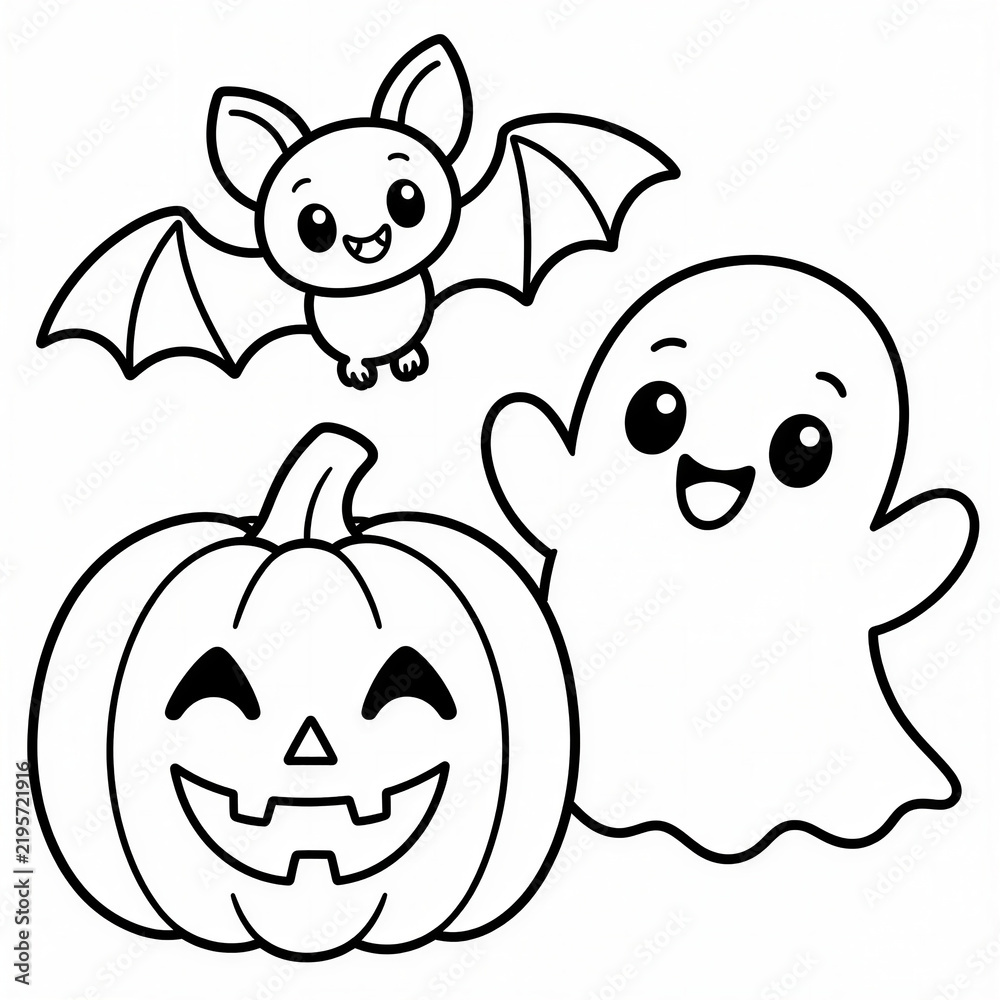 Fototapeta premium Happy Halloween coloring page featuring cute ghost, bat and carved pumpkin