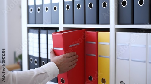 A person in a white shirt selecting a red binder from a shelf filled with colorful office folders, representing organization and administration