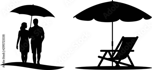 Silhouette, of, couple, walking, under, umbrella, alongside, beach, chair, sunbed, shade, tropical, resort, summer, vacation, romantic, getaway, isolated, vector, background
