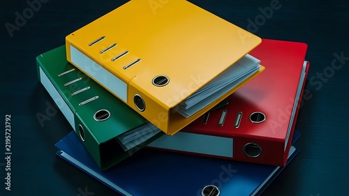 Close up of colorful office ring binders stacked together on a dark surface for document filing and business organization and storage