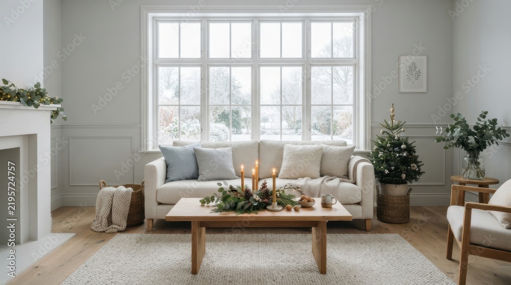 Fototapeta premium Cozy living room interior decorated for Christmas with a snowy window view and warm candlelight