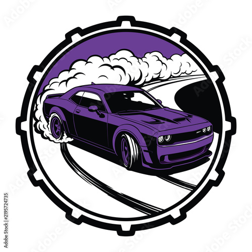 Purple muscle car drifting with tire smoke inside circular gear badge emblem