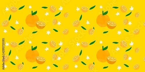 Seamless pattern illustration of orange fruit slices in flat design style isolated yellow background. cartoon doodle style for fabric, picture label, wallpaper, banner, poster.