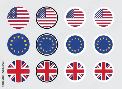USA European Union and UK Flag Round Badge Set Vector Featuring Sticker and Postage Stamp Styles