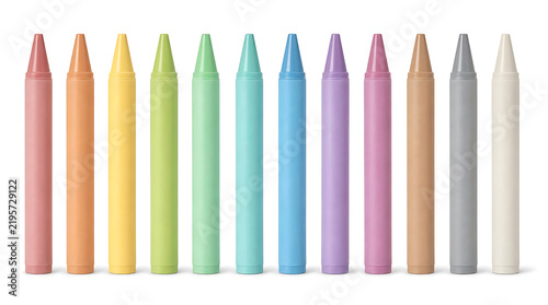 A row of colorful wax crayons arranged in a straight line on a white background.