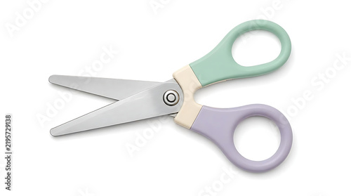 A pair of colorful children scissors with pastel handles isolated on a white background.