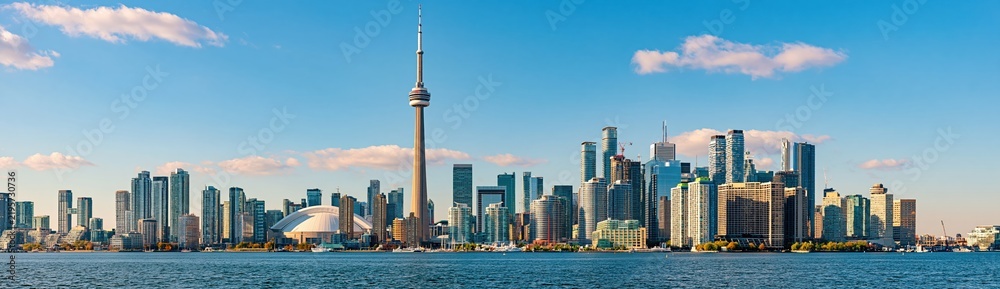Obraz premium Panoramic Cityscape of Toronto Skyline with Iconic Tower and Lake Ontario Under Blue Sky