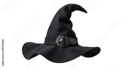 Bild auf Leinwand Black felt witch hat with silver buckle and wide brim solated on transparent bac