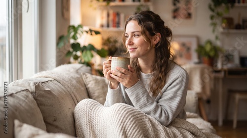 Woman relaxing with coffee near bright window