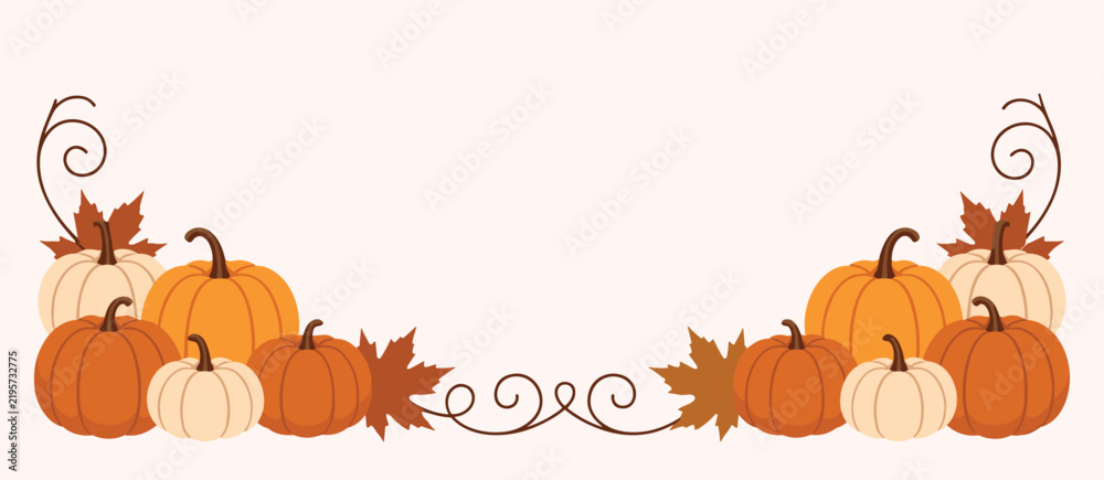 Obraz premium Decorative autumn harvest border featuring cute pumpkins and maple leaves arranged in a horizontal fall themed frame