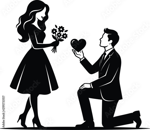 Картината върху платно Silhouette of a man proposing to a woman holding flowers a romantic gesture prop