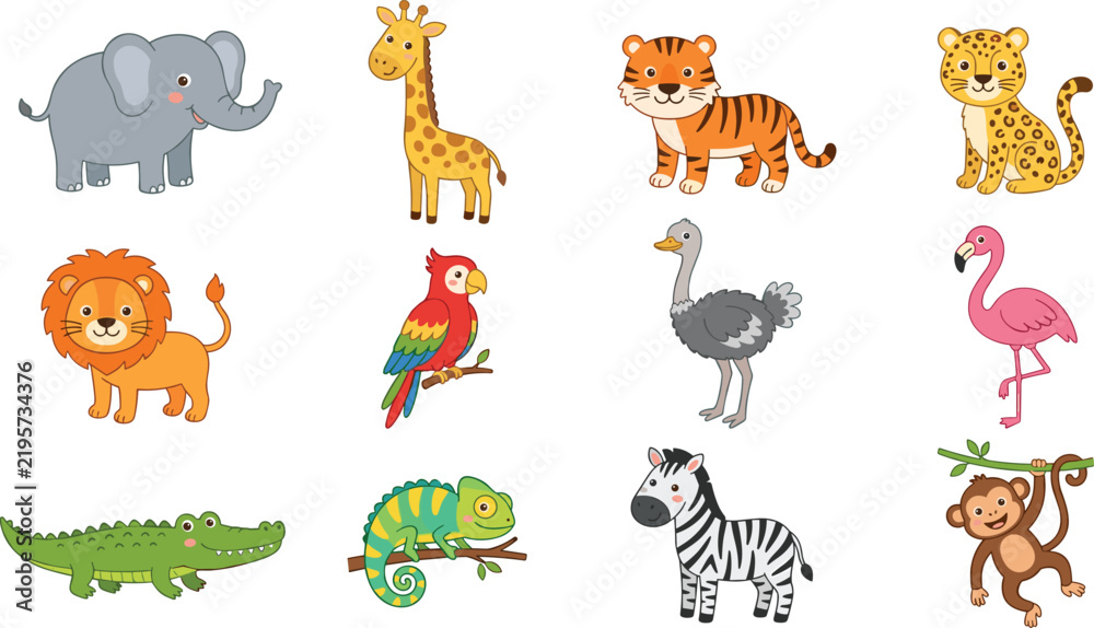 Obraz premium Cute Wild Jungle Animals Vector Icon Set Featuring Cartoon Elephant Giraffe Tiger Lion Parrot Crocodile Zebra and Monkey for Kids Graphic Designs
