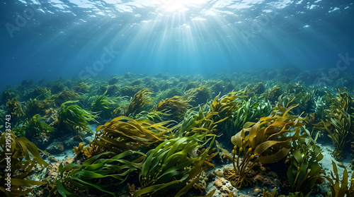 Sunlight beams through underwater kelp forest, ocean floor ecosystem, clear blue water