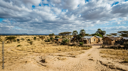 African Village Scenery in Arid Savannah Landscape with Acacia Trees and Cloudy Sky