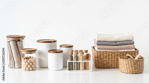 Title: Modern storage containers with folded fabric and household organization accessories representing home storage solutions, efficient space management, minimal interiors, and everyday organization