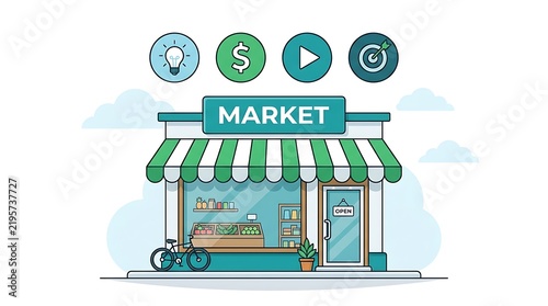 Flat vector illustration of a small retail storefront with business icons on a white background