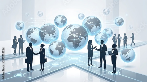 Business professionals in suits standing on digital pathways with floating globe holograms