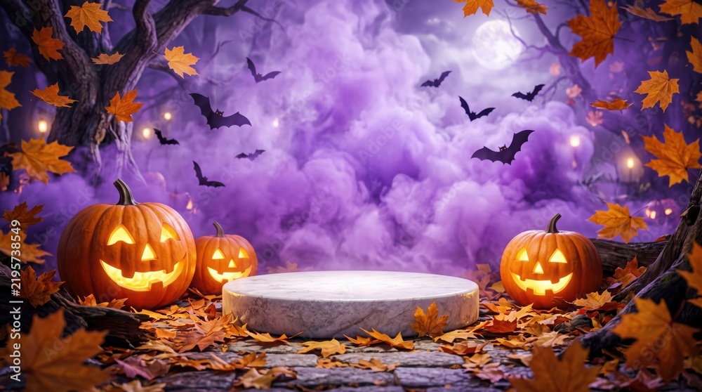 Obraz premium Spooky halloween night scene with carved pumpkins and product podium on misty forest ground.