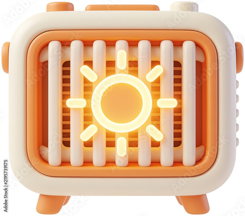 Retro orange electric space heater glowing warm light 3d rendering icon for winter heating and home appliance design elements