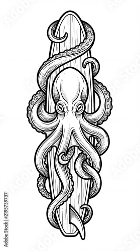Black and white detailed illustration of an octopus with spread tentacles wrapped around a vertical wooden surfboard.