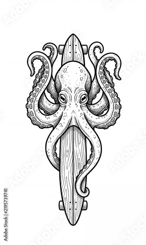 Black and white illustration of an octopus clinging to the top of a wooden skateboard viewed from the front with tentacles spread across the deck.