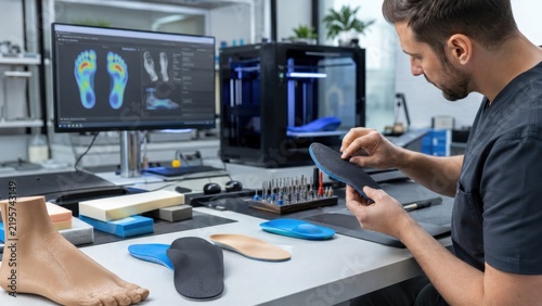 Man working on custom insoles in a lab with 3D printer and digital foot scan on screen while handling materials and tools for foot care