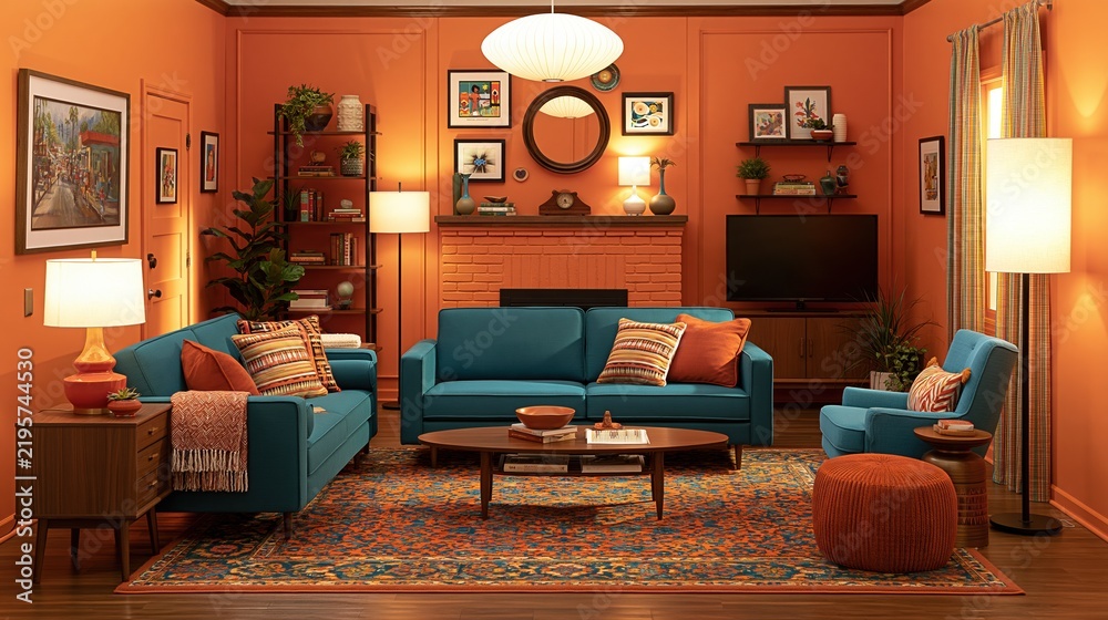 Fototapeta premium Vibrant mid-century modern living room with teal sofas, orange walls, and eclectic decor