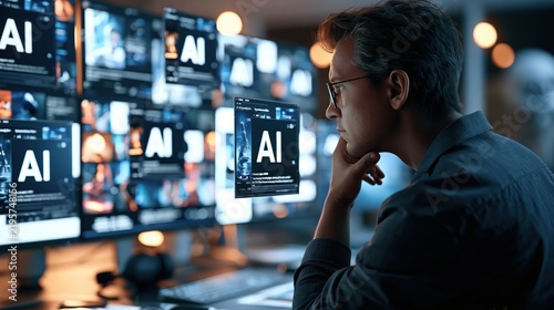Professional man studying multiple ai information screens, navigating complex artificial intelligence data