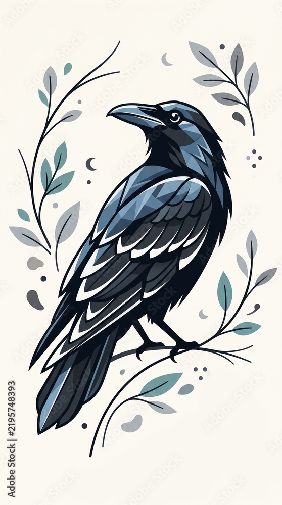 Fototapeta premium Elegant black crow perched on a delicate branch with ornamental leaves.