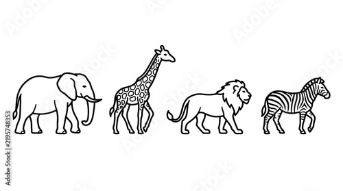 Set of vector outlines featuring wild safari animals including an elephant, giraffe, lion, and zebra. Simple minimalist black line art design for educational and graphic projects.