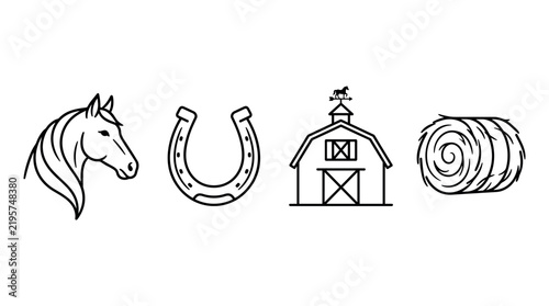Vector illustration set featuring horse head, horseshoe, barn, and hay bale icons. Perfect for agriculture, ranch, equestrian themes, branding, logo design, and rustic graphic projects.