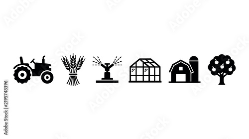 A vector set of farming icons including a tractor, wheat, sprinkler, greenhouse, barn, and apple tree. Ideal for agricultural websites, farm apps, and rural business branding materials.