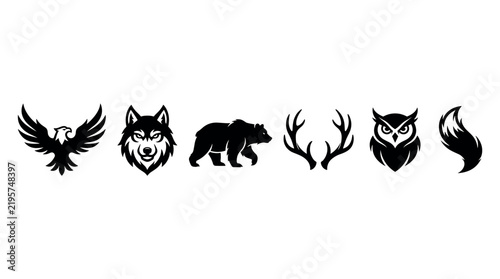A collection of vector icons featuring a soaring eagle, wolf head, bear, antlers, owl, and fox tail. Clean black silhouettes perfect for branding, wildlife designs, and modern logos.
