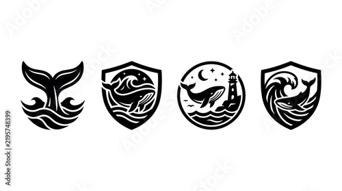 A collection of four black and white vector emblems featuring whales, waves, and a lighthouse. Elegant maritime designs perfect for logos, branding, nautical themes, and marine conservation icons.