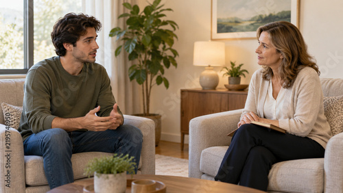 A young man sitting in an armchair having a conversation with a female therapist in a cozy office.