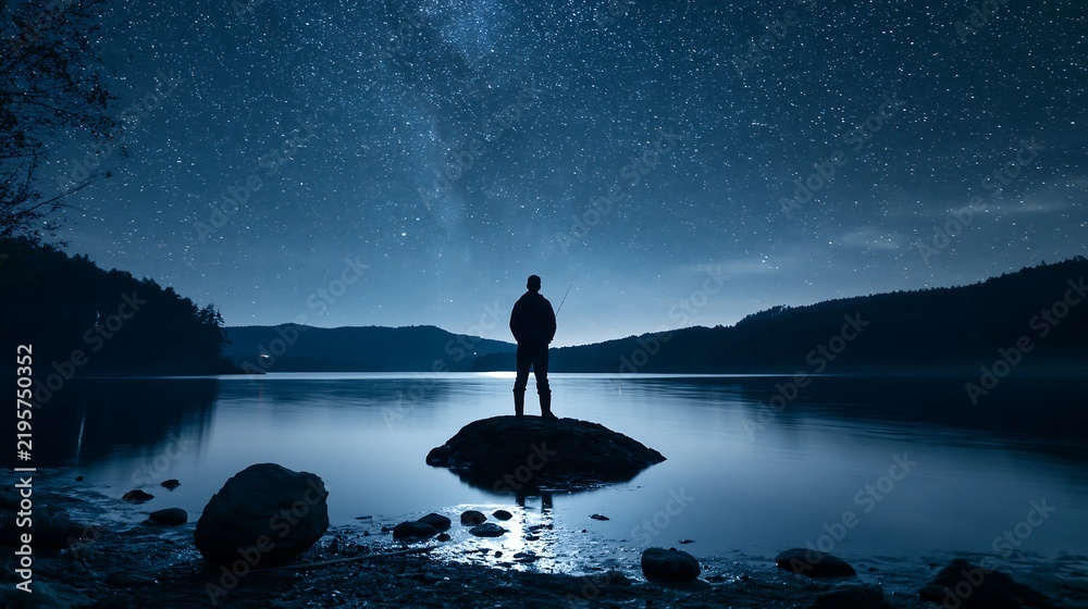 Fototapeta premium Silhouette of a man standing on a lake rock looking up at the starry night sky and milky way reflection