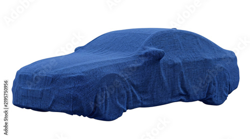 Quadro su tela Blue car covered with fabric, showing silhouette and shape keywords: car, automo