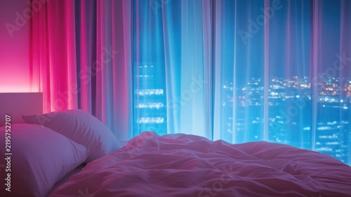 Bedroom overlooking city skyline with neon curtain glow