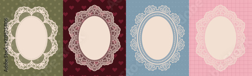 Oval scallop lace border frames. Wedding invitation set with vintage elegant edge and floral doily trim. Romantic poster template.