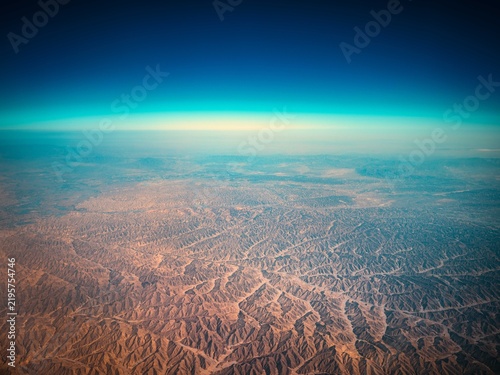 Fotografie Aerial view of Loess Plateau landform near Lanzhou taken from airplane
